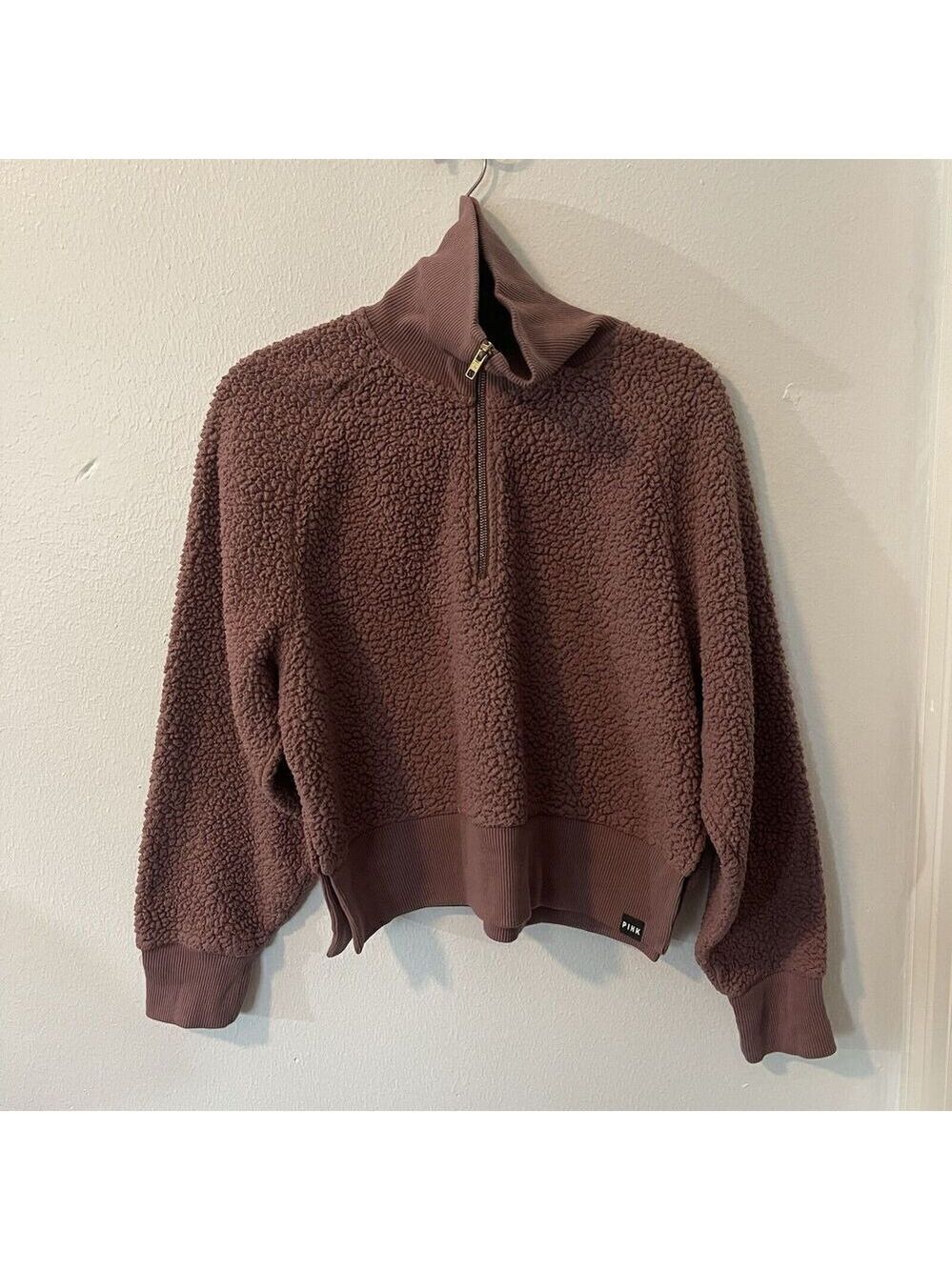Victoria Secret Pink 1/4 Zip Cropped Pullover Mauve Sherpa Sweater Jacket Sz M - Picture 2 of 8